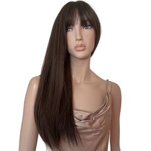 Synthetic Wig 24" Long Straight Brown Realistic with bangs Heat Resistant NIP